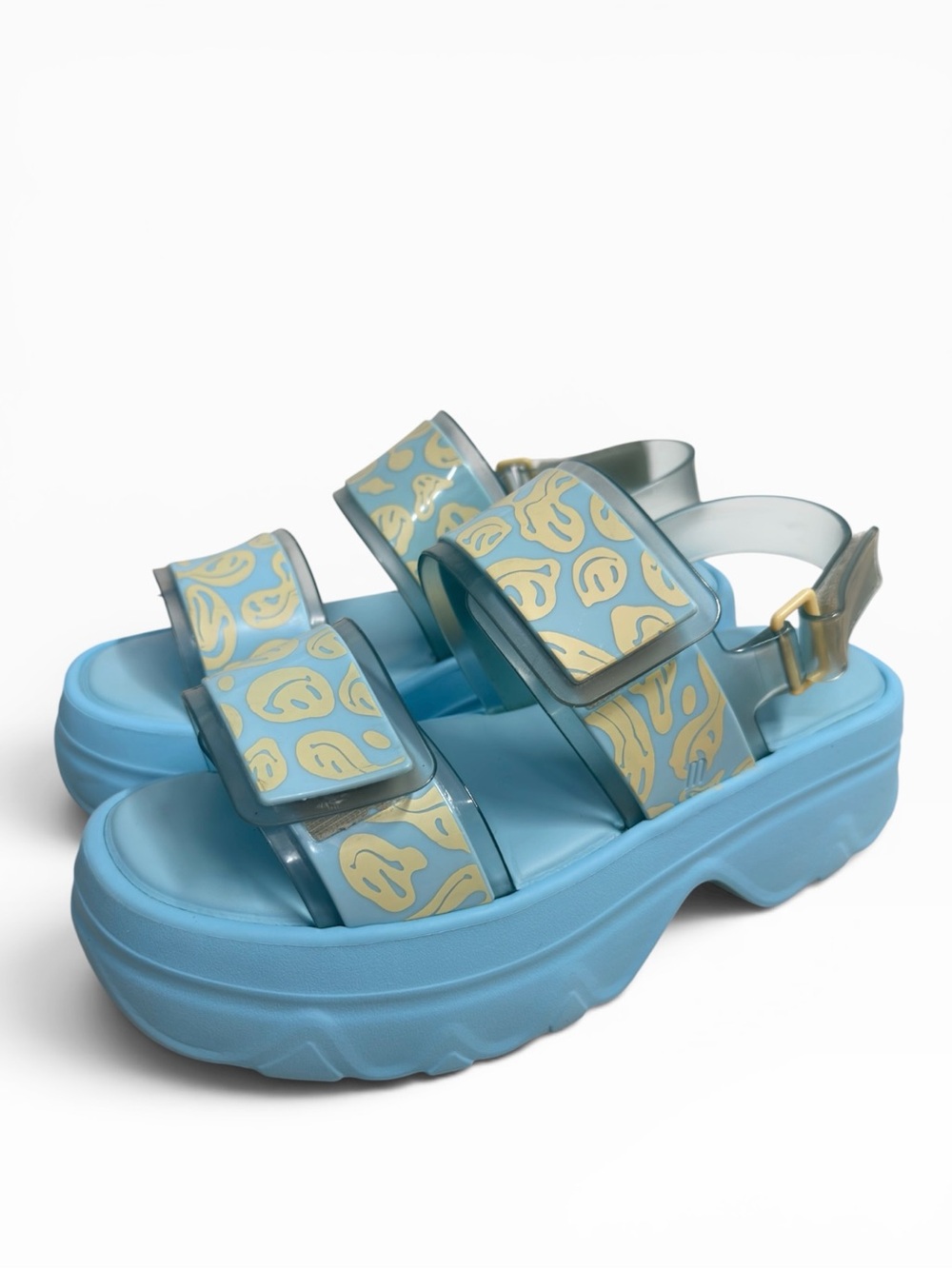 Melissa Brave Platform Sandals Blue Smiley Face Print Women’s Size 9 Shoes